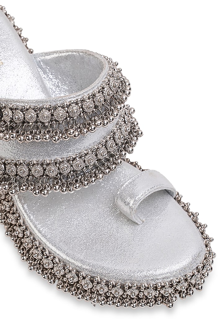 Silver Leatherette Embroidered Wedges by 5 Elements at Pernia's Pop Up Shop
