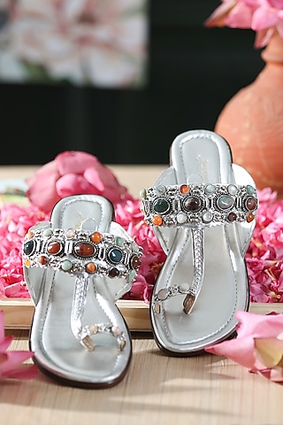 Silver Leatherette Kolhapuri Flats by 5 Elements