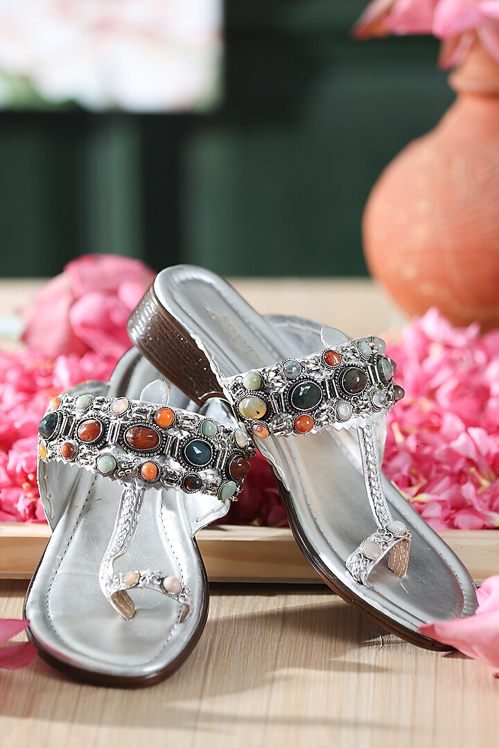 Silver Leatherette Kolhapuri Flats by 5 Elements at Pernia's Pop Up Shop