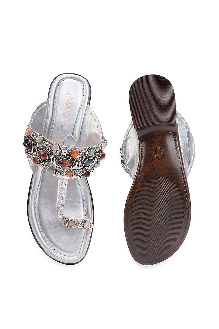Silver Leatherette Kolhapuri Flats by 5 Elements at Pernia's Pop Up Shop