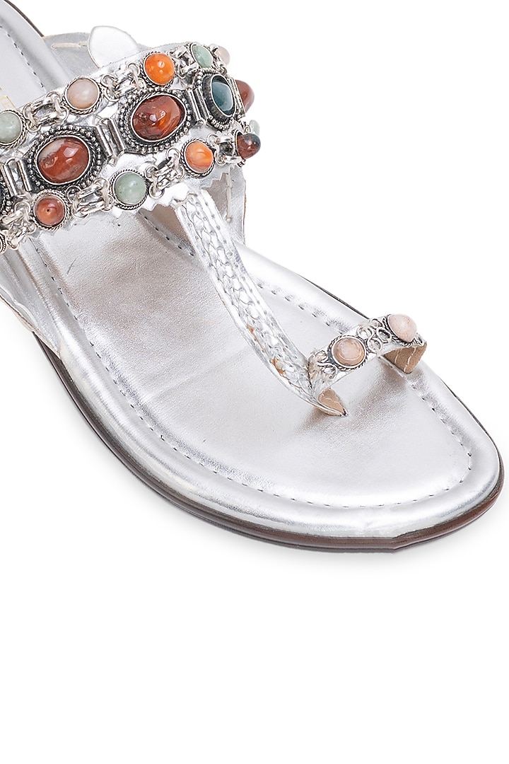 Silver Leatherette Kolhapuri Flats by 5 Elements at Pernia's Pop Up Shop