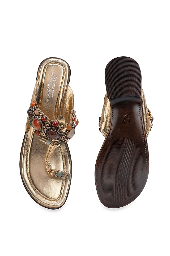 Gold Leatherette Kolhapuri Flats by 5 Elements at Pernia's Pop Up Shop