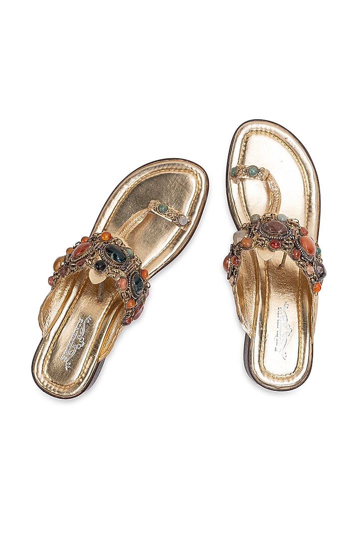 Gold Leatherette Kolhapuri Flats by 5 Elements at Pernia's Pop Up Shop