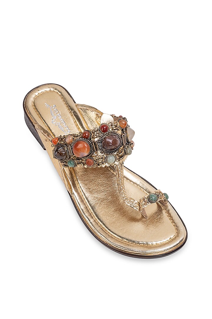 Gold Leatherette Kolhapuri Flats by 5 Elements at Pernia's Pop Up Shop
