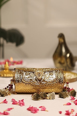 Gold Metal Motifs Embellished Clutch by 5 Elements