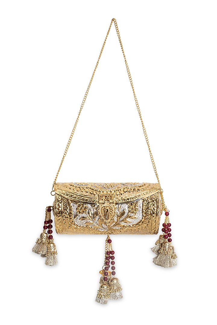Gold Metal Motifs Embellished Clutch by 5 Elements at Pernia's Pop Up Shop
