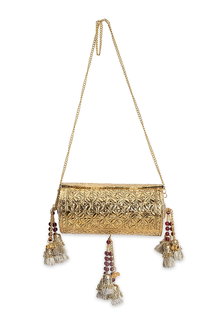 Gold Metal Motifs Embellished Clutch by 5 Elements at Pernia's Pop Up Shop
