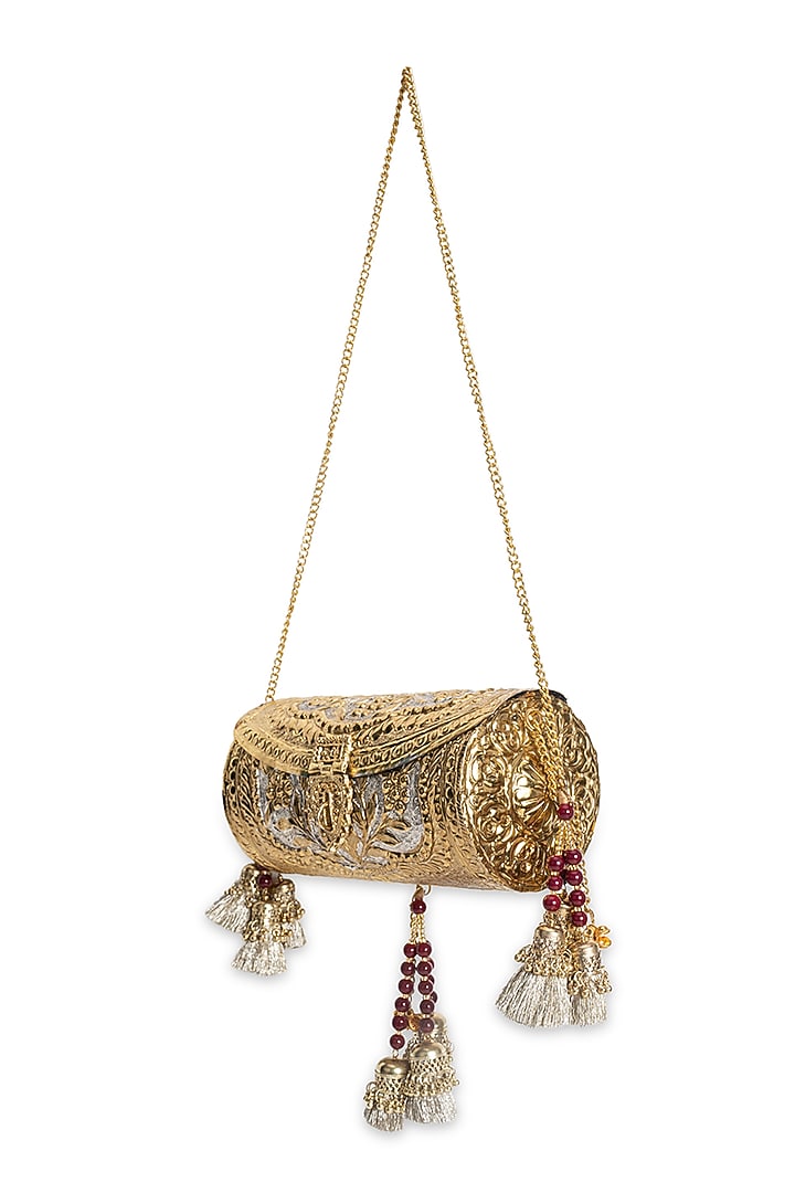 Gold Metal Motifs Embellished Clutch by 5 Elements at Pernia's Pop Up Shop