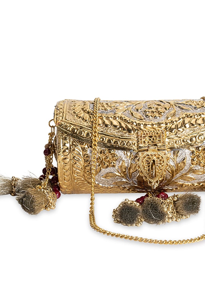 Gold Metal Motifs Embellished Clutch by 5 Elements at Pernia's Pop Up Shop