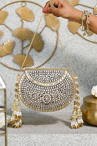Gold Metal Mirror Embellished Clutch by 5 Elements