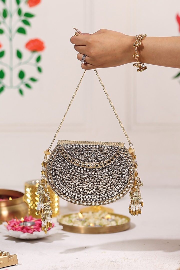 Gold Metal Mirror Embellished Clutch by 5 Elements at Pernia's Pop Up Shop