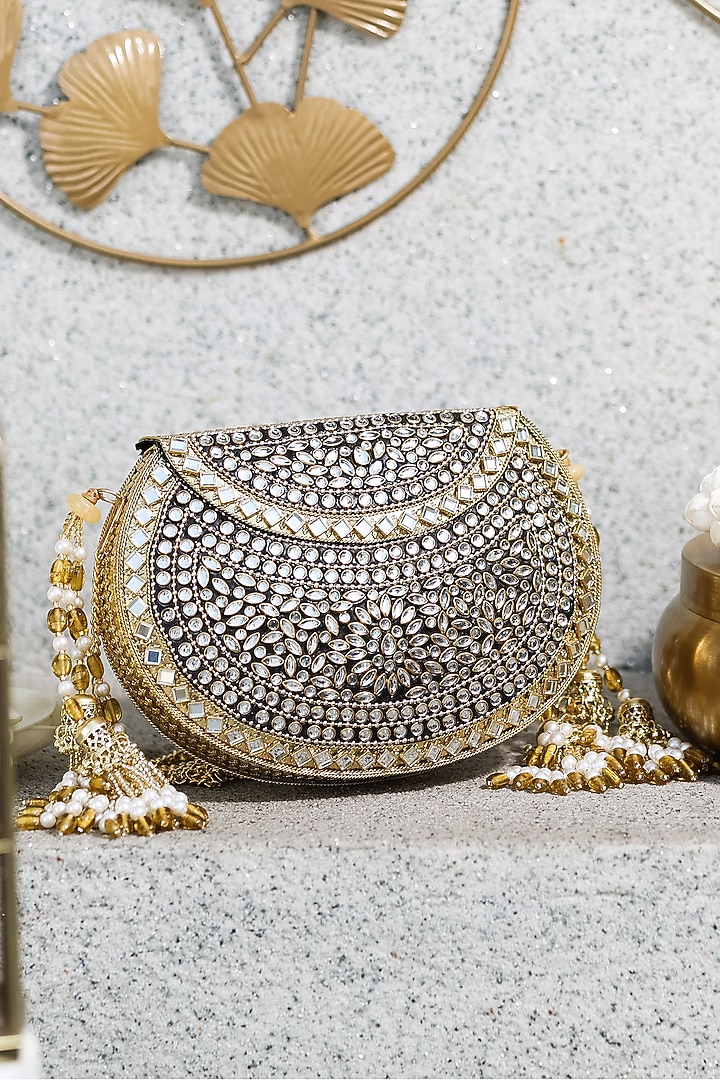Gold Metal Mirror Embellished Clutch by 5 Elements at Pernia's Pop Up Shop