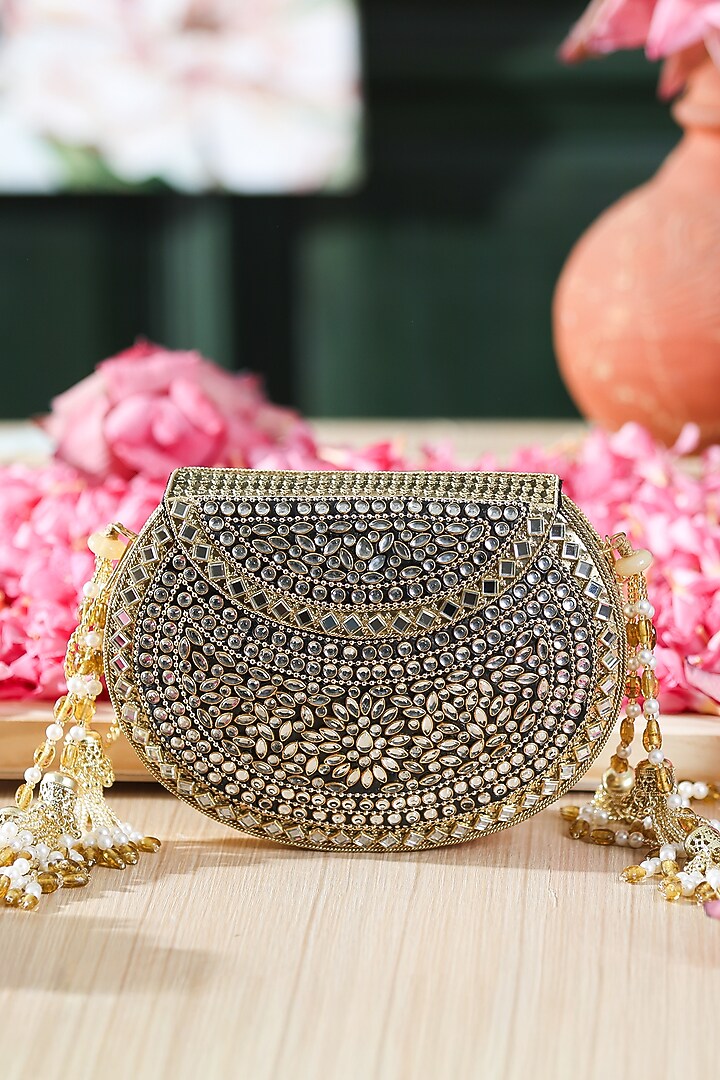 Gold Metal Mirror Embellished Clutch by 5 Elements at Pernia's Pop Up Shop