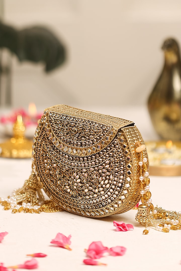 Gold Metal Mirror Embellished Clutch by 5 Elements at Pernia's Pop Up Shop
