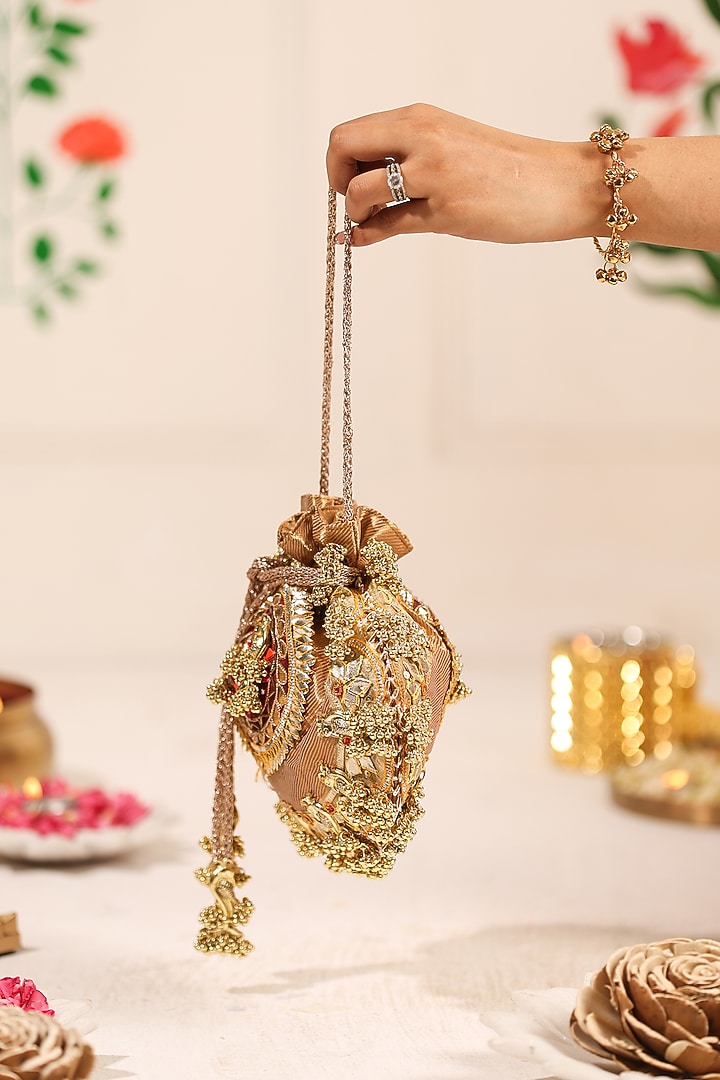 Gold Brocade Embellished Potli by 5 Elements at Pernia's Pop Up Shop
