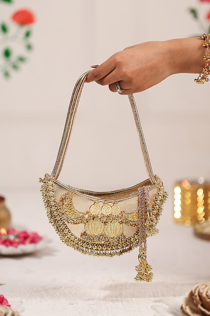 Gold PU Coin Embellished Handbag by 5 Elements at Pernia's Pop Up Shop