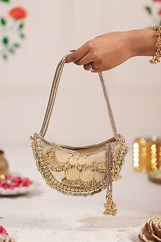 Gold PU Coin Embellished Handbag by 5 Elements