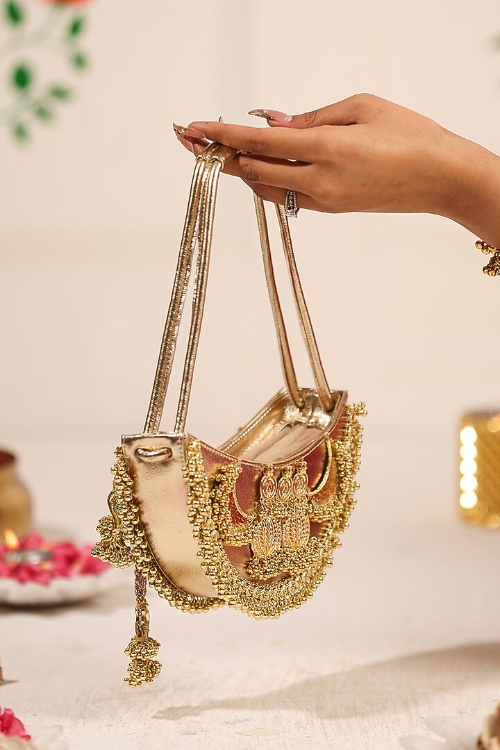 Gold PU Coin Embellished Handbag by 5 Elements at Pernia's Pop Up Shop