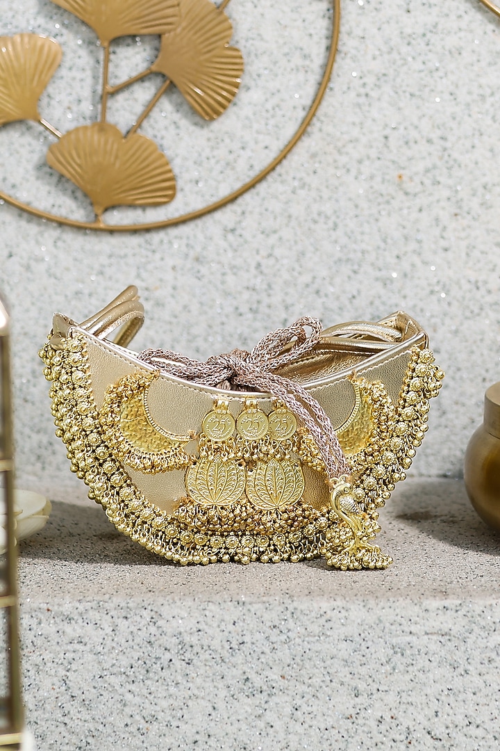 Gold PU Coin Embellished Handbag by 5 Elements at Pernia's Pop Up Shop