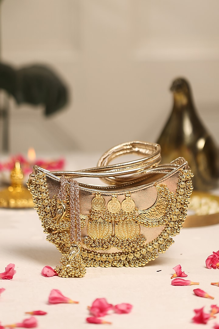 Gold PU Coin Embellished Handbag by 5 Elements at Pernia's Pop Up Shop