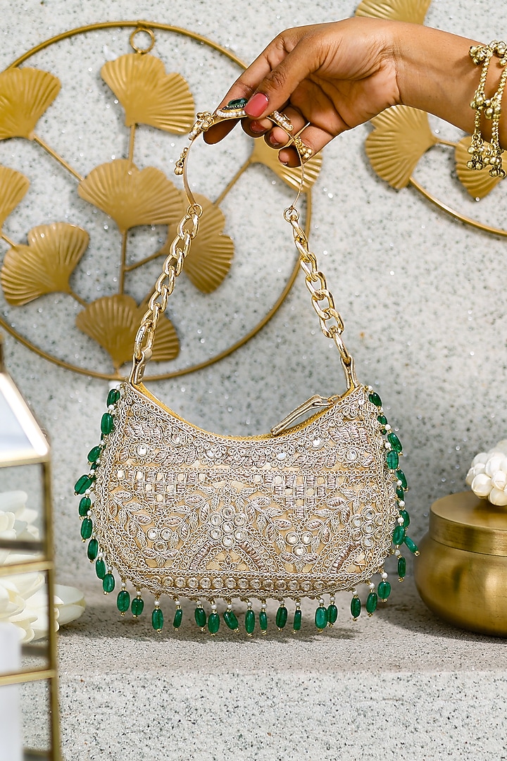 Gold Cotton Mirror Embroidered Handbag by 5 Elements at Pernia's Pop Up Shop