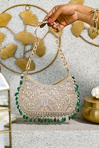 Gold Cotton Mirror Embroidered Handbag by 5 Elements
