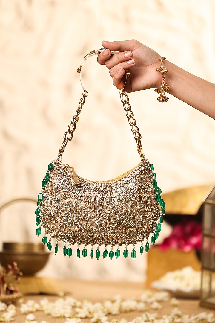 Gold Cotton Mirror Embroidered Handbag by 5 Elements at Pernia's Pop Up Shop
