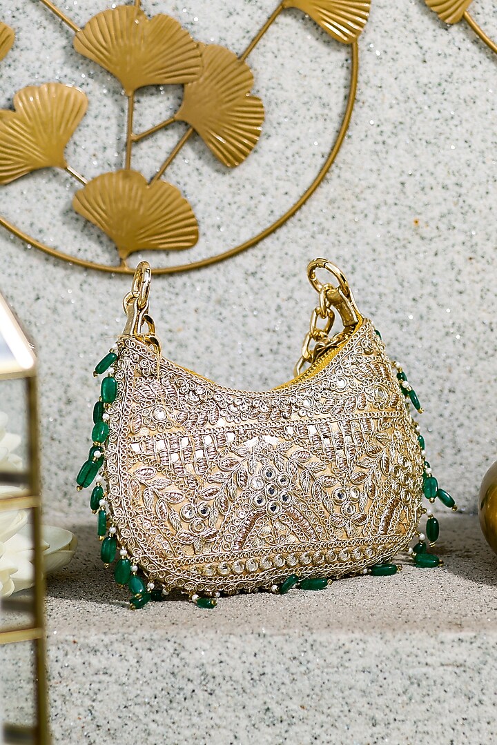 Gold Cotton Mirror Embroidered Handbag by 5 Elements at Pernia's Pop Up Shop