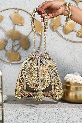 Gold Brocade Embellished Potli by 5 Elements