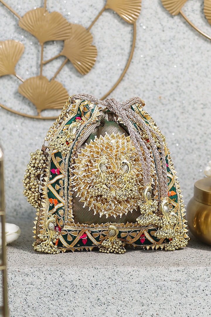 Gold Brocade Embellished Potli by 5 Elements at Pernia's Pop Up Shop