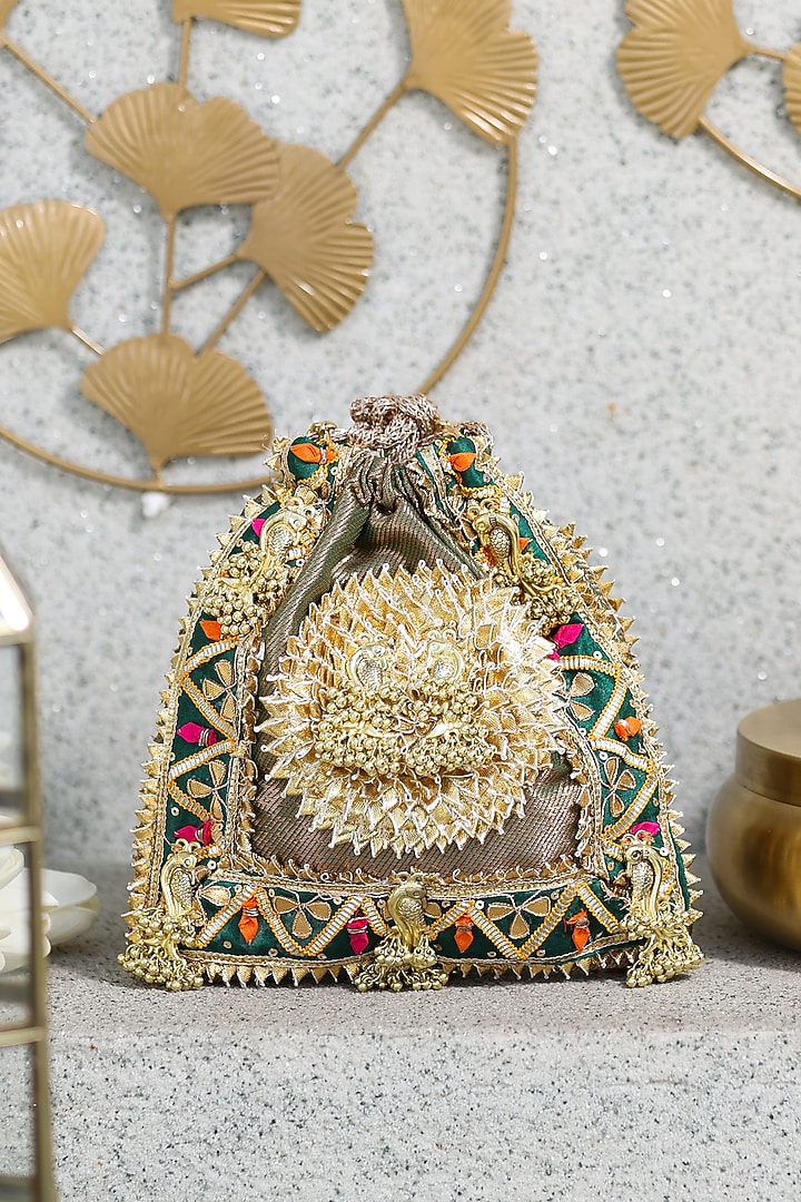 Gold Brocade Embellished Potli by 5 Elements at Pernia's Pop Up Shop