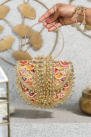 Multi-Colored Brocade Floral Embellished Handbag by 5 Elements