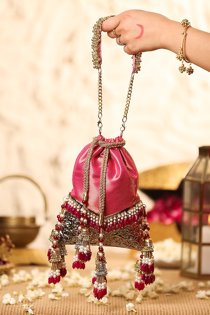 Pink Brocade Potli by 5 Elements at Pernia's Pop Up Shop
