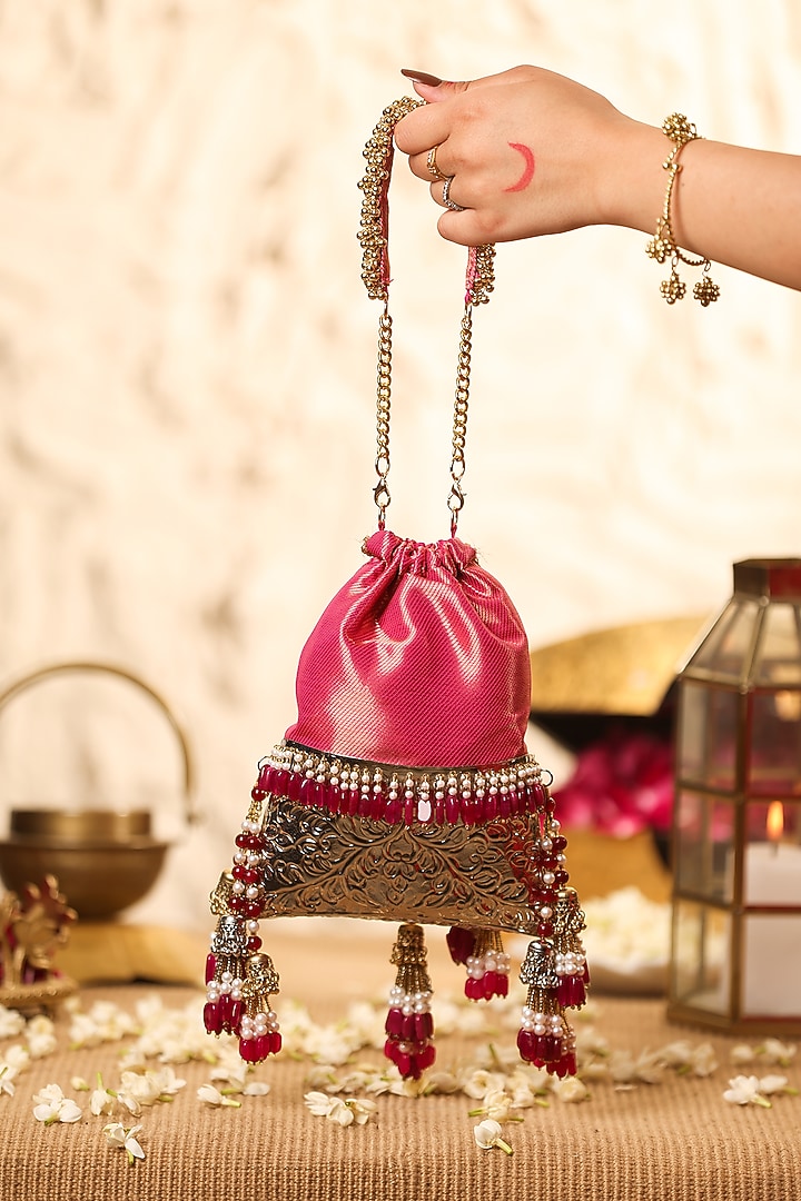 Pink Brocade Potli by 5 Elements at Pernia's Pop Up Shop