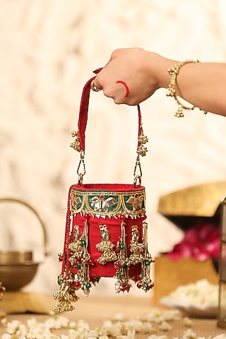 Red Velvet Motifs Embellished Potli by 5 Elements