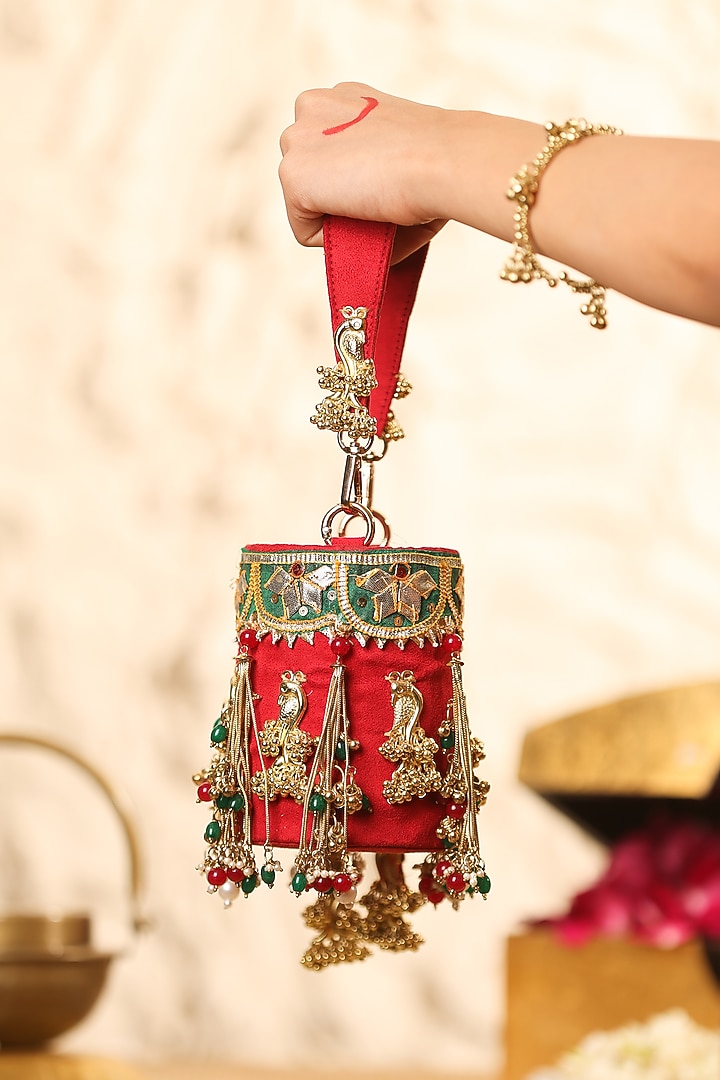 Red Velvet Motifs Embellished Potli by 5 Elements at Pernia's Pop Up Shop