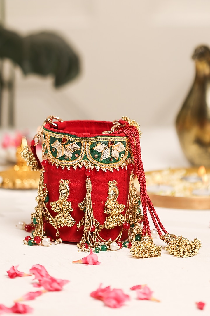 Red Velvet Motifs Embellished Potli by 5 Elements at Pernia's Pop Up Shop