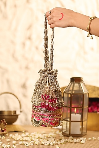 Pink Zari Beadwork Embroidered Potli by 5 Elements