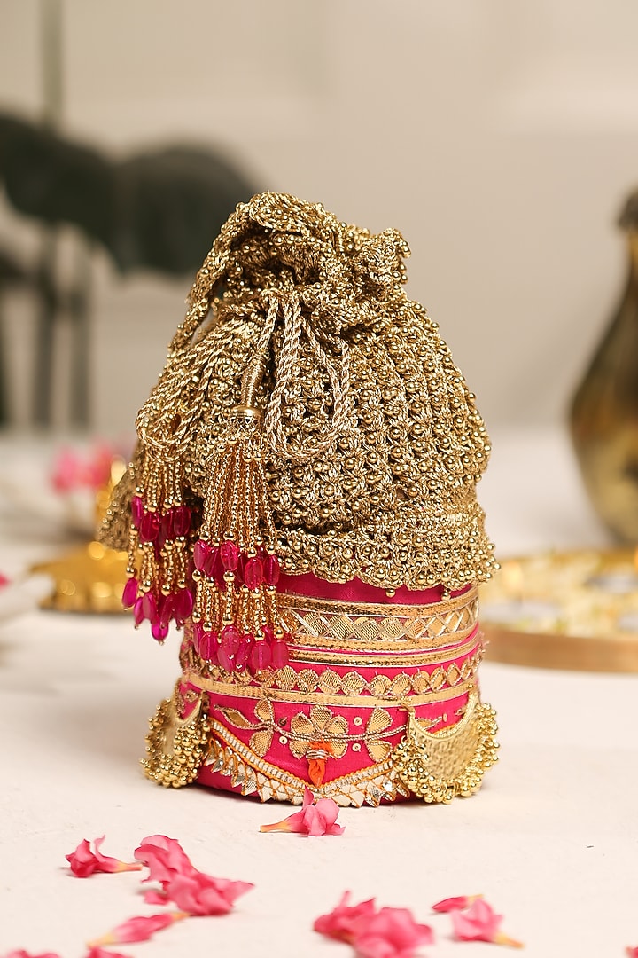 Pink Zari Beadwork Embroidered Potli by 5 Elements at Pernia's Pop Up Shop