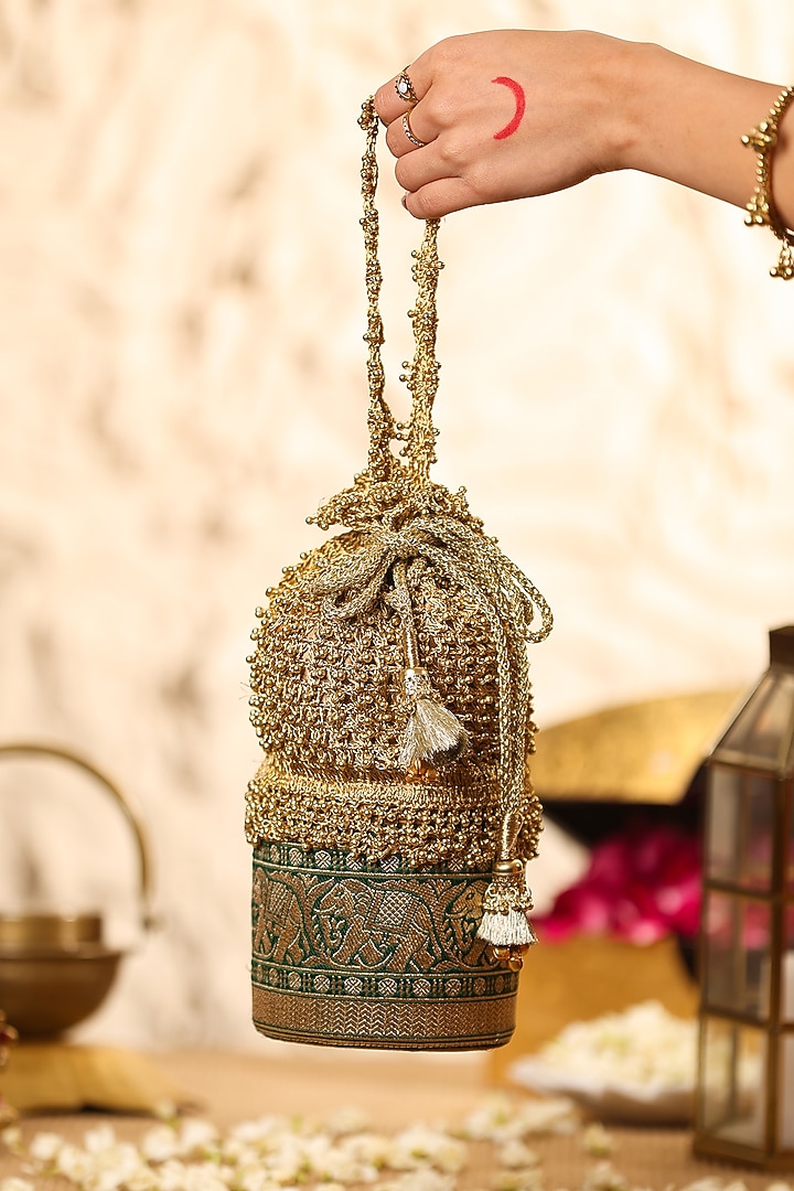 Green Zari Beadwork Embroidered Potli by 5 Elements at Pernia's Pop Up Shop