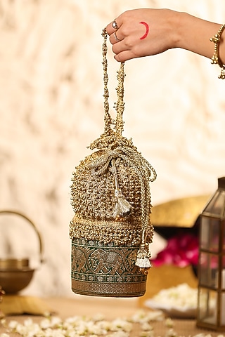 Green Zari Beadwork Embroidered Potli by 5 Elements
