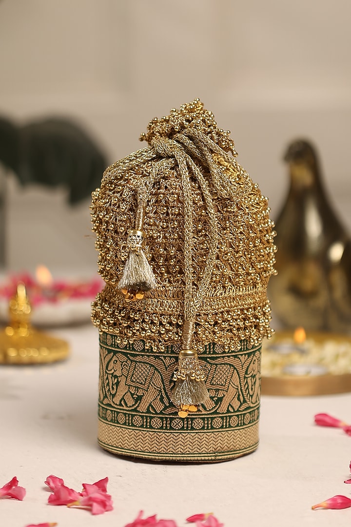 Green Zari Beadwork Embroidered Potli by 5 Elements at Pernia's Pop Up Shop