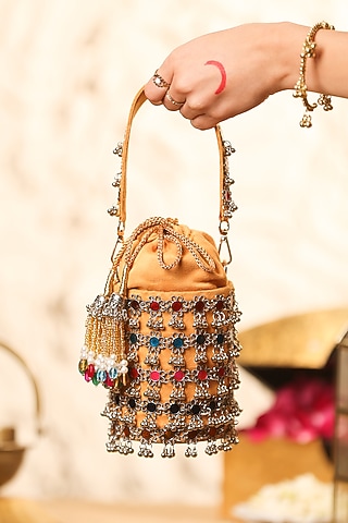 Multi-Colored Velvet Embellished Potli by 5 Elements
