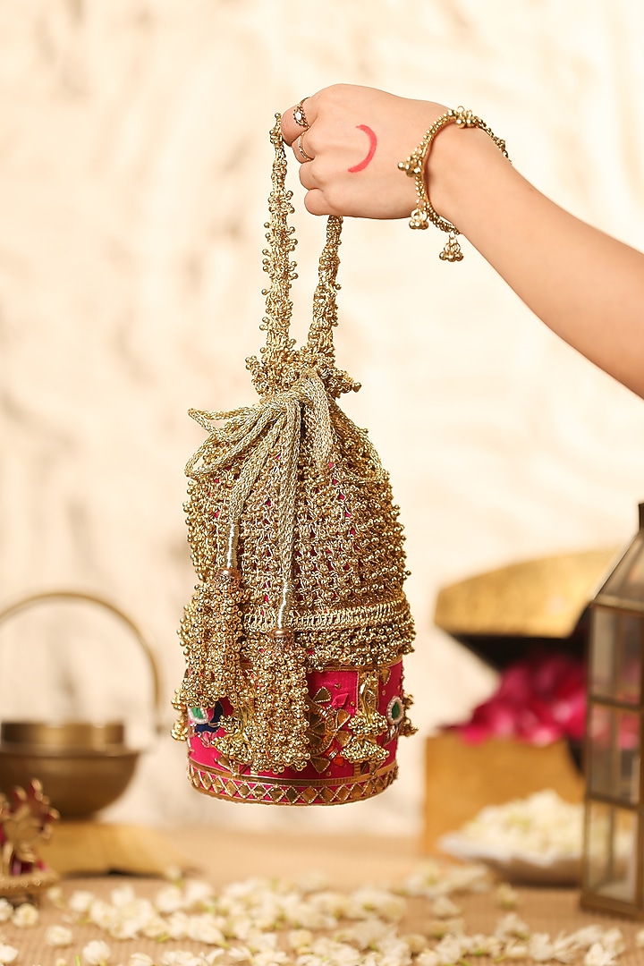 Pink Zari Beadwork Embroidered Potli by 5 Elements at Pernia's Pop Up Shop
