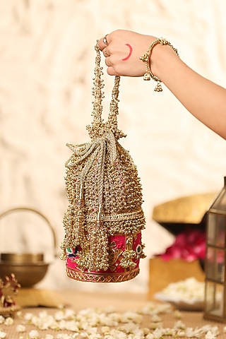 Pink Zari Beadwork Embroidered Potli by 5 Elements