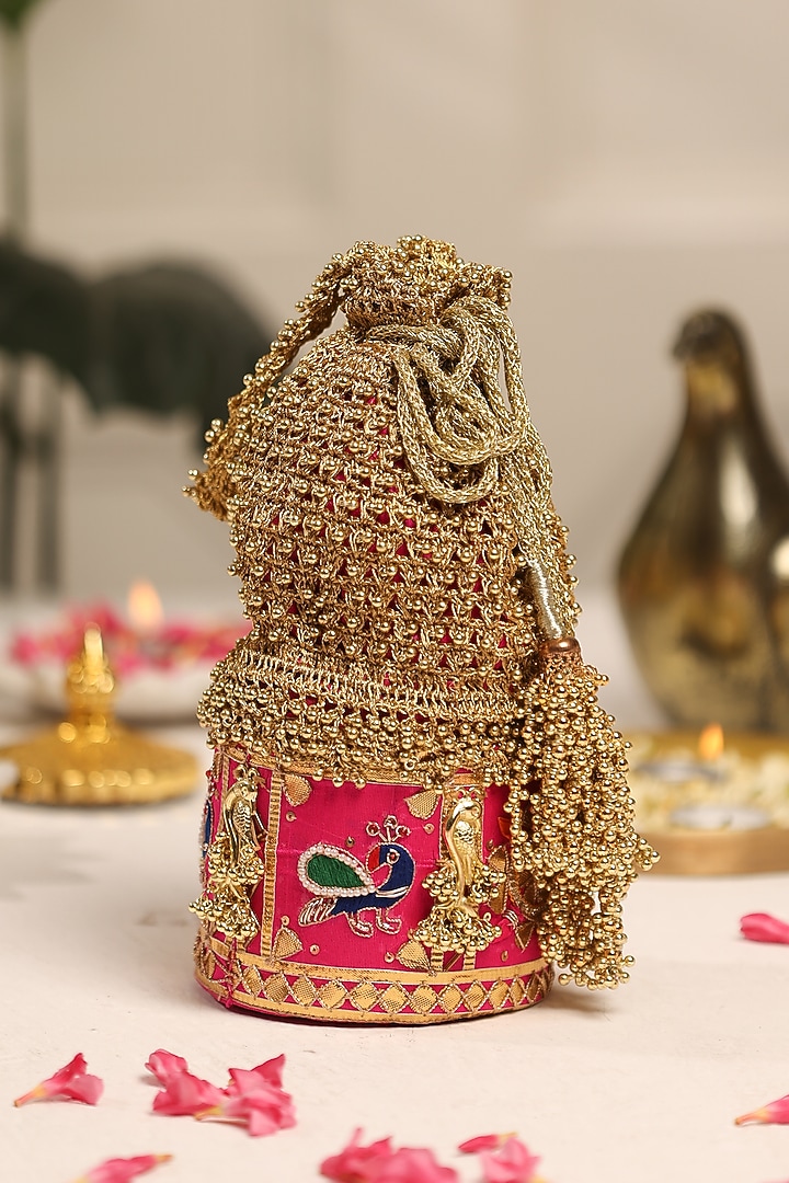 Pink Zari Beadwork Embroidered Potli by 5 Elements at Pernia's Pop Up Shop
