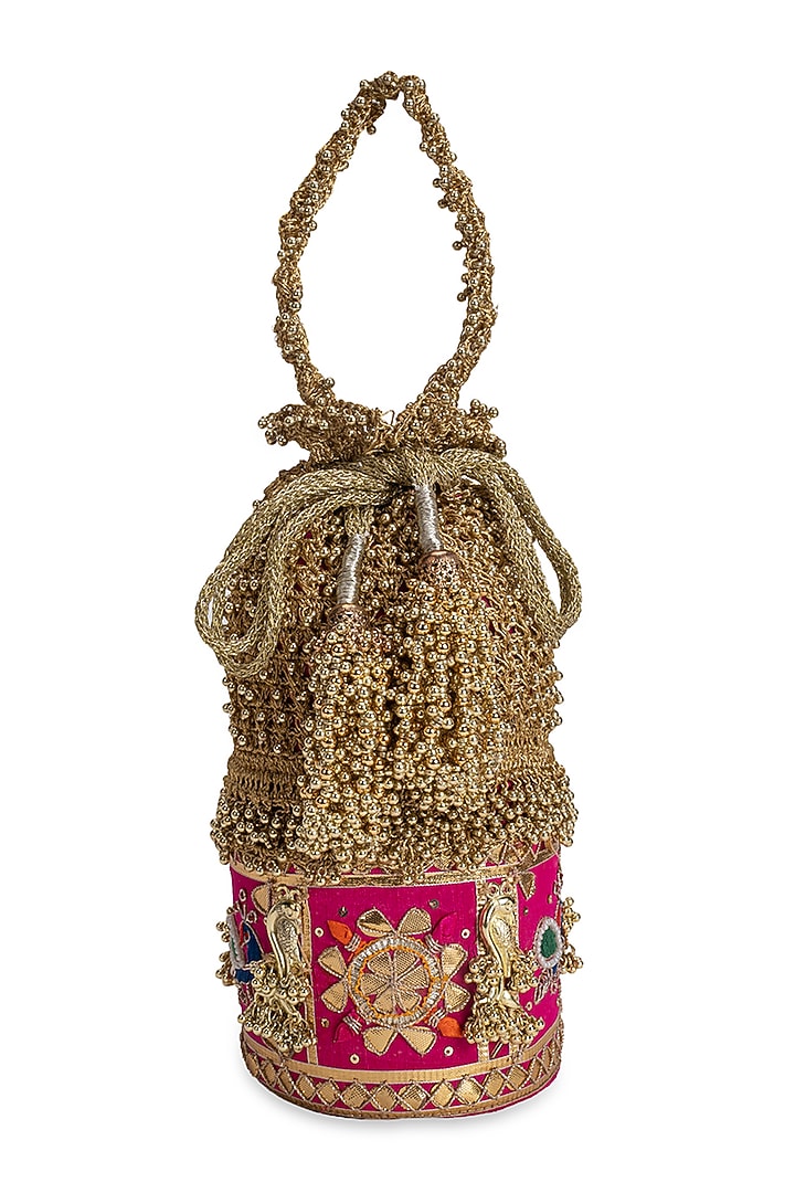 Pink Zari Beadwork Embroidered Potli by 5 Elements at Pernia's Pop Up Shop