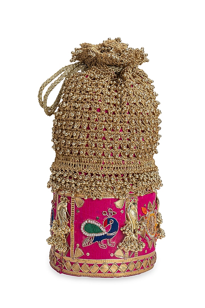 Pink Zari Beadwork Embroidered Potli by 5 Elements at Pernia's Pop Up Shop