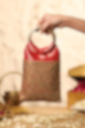 Crimson Red Brocade Embellished Handbag by 5 Elements at Pernia's Pop Up Shop