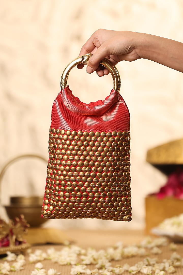 Crimson Red Brocade Embellished Handbag by 5 Elements at Pernia's Pop Up Shop